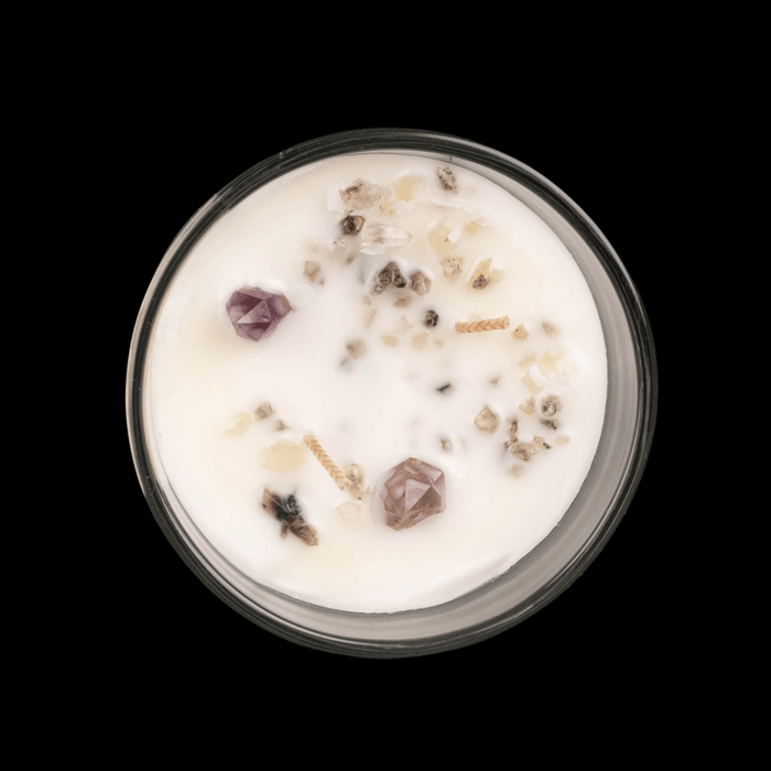 Candle with Herkimer Diamond + Amethyst | Vanilla Bliss - InnerVision Crystals