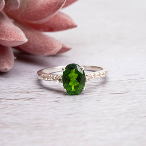 Chrome Diopside & White Topaz Ring 8x6mm Size 6 - InnerVision Crystals