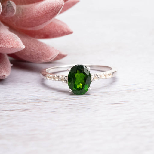 Chrome Diopside & White Topaz Ring 8x6mm Size 9 - InnerVision Crystals