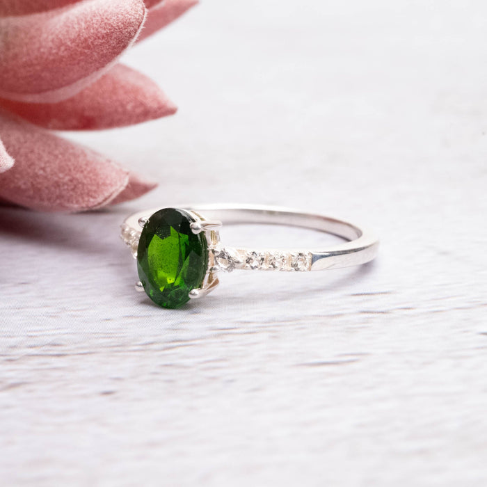 Chrome Diopside & White Topaz Ring 8x6mm Size 9 - InnerVision Crystals