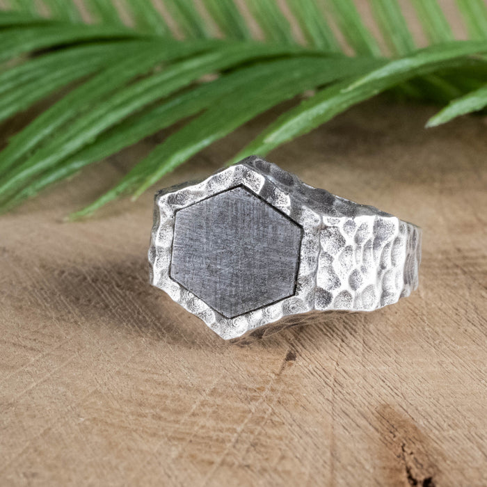 Meteorite Ring 12x11 Hammered Silver Size 9 - InnerVision Crystals